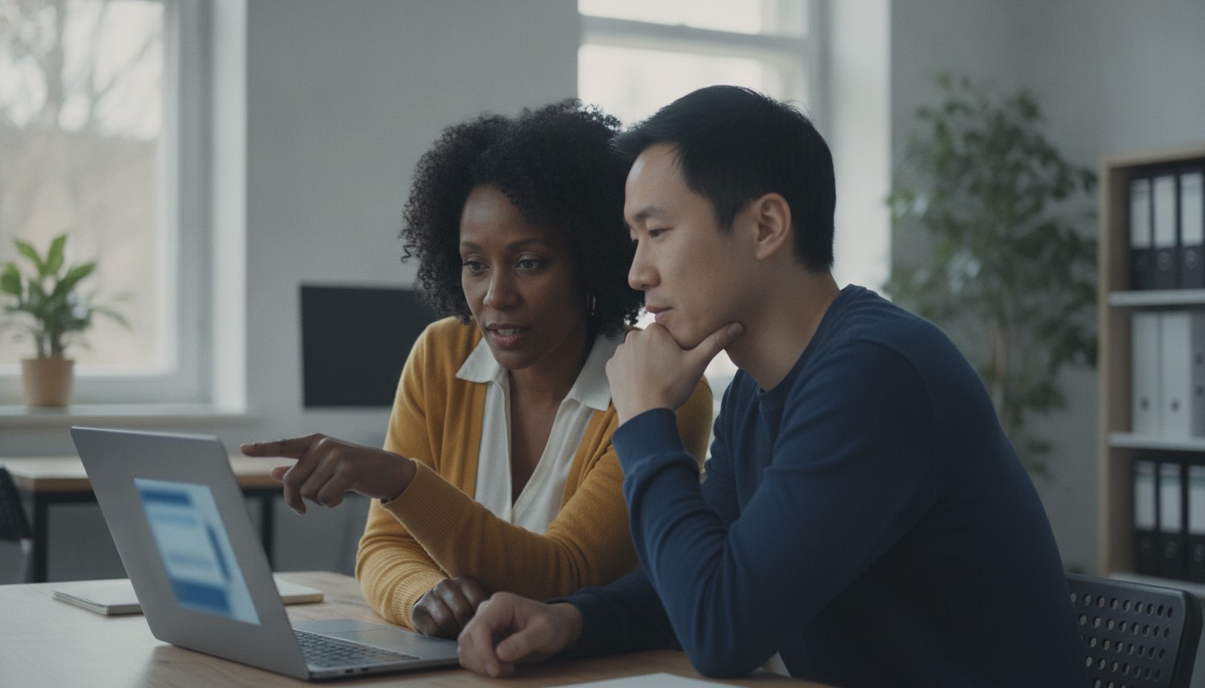 Two colleagues working through something together on a laptop